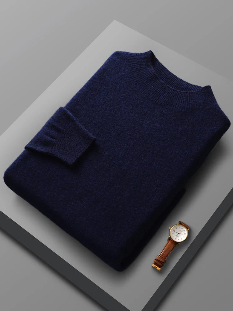 Spring Autumn 100% Merino Wool Pullover Sweater Cashmere Knitwear Men Mock-Neck Long-sleeve Basic Clothing Grace Tops - reetell