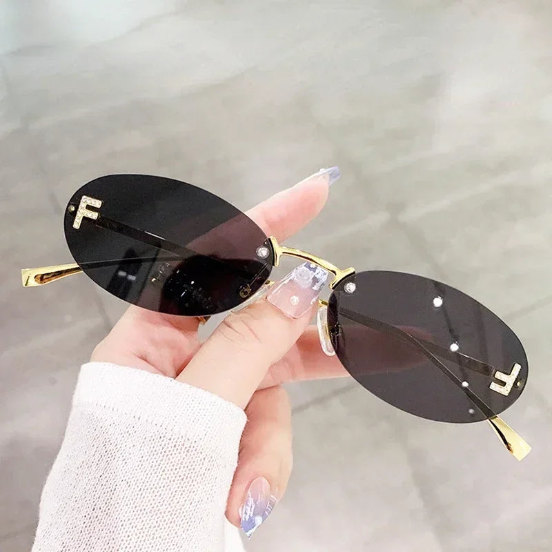 Letter Oval Sun Glasses Fashion Women's Sunglasses Women Luxury Quality Cat Eye Sun Glasses Rimless Eyewear - reetell