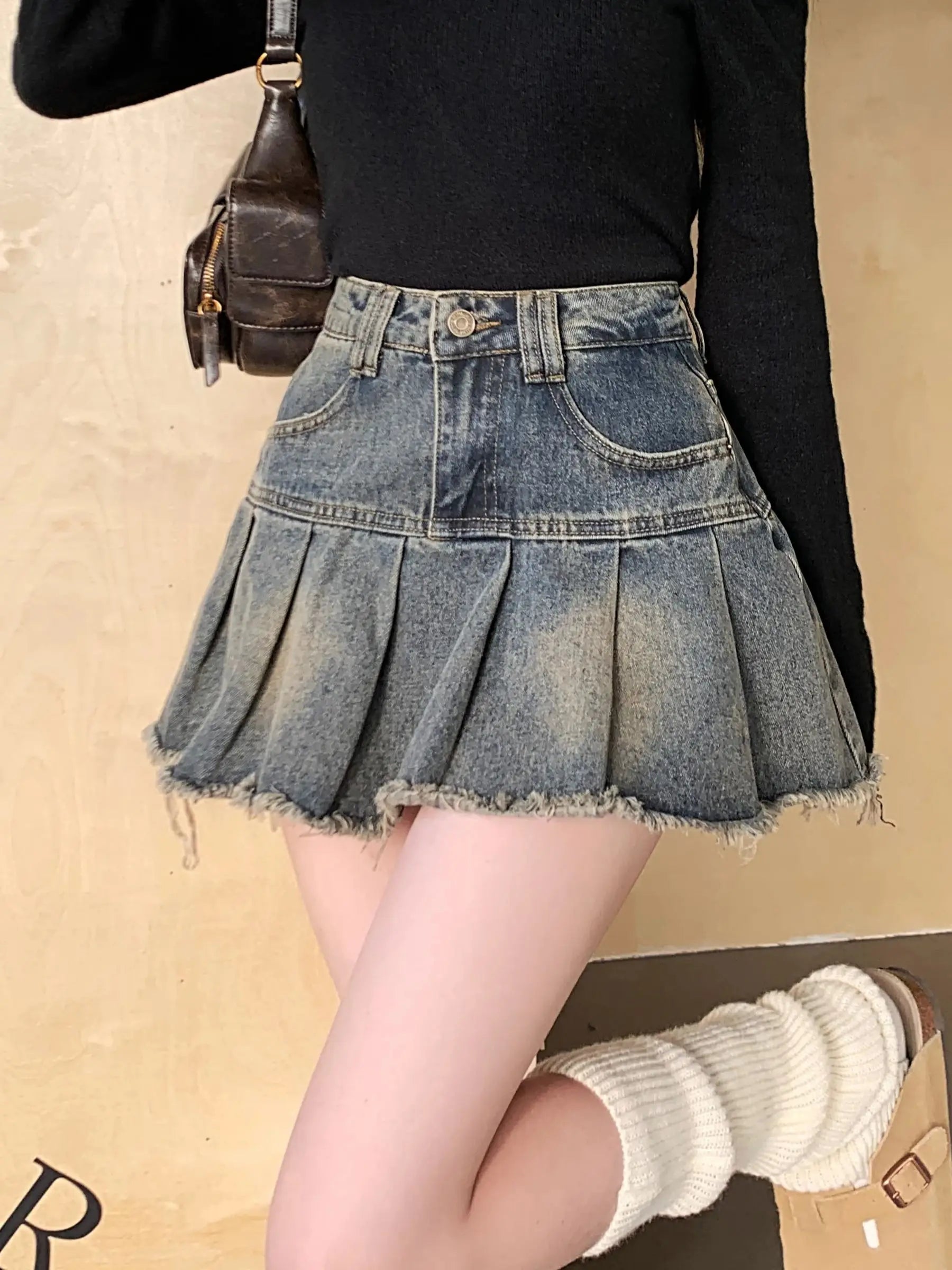 Women's Summer Cute Denim Short Skirt High Waist Burr Edge Spliced Casual A-line Harajuku Korean Style Y2K Mini Pleated Skirt - reetell