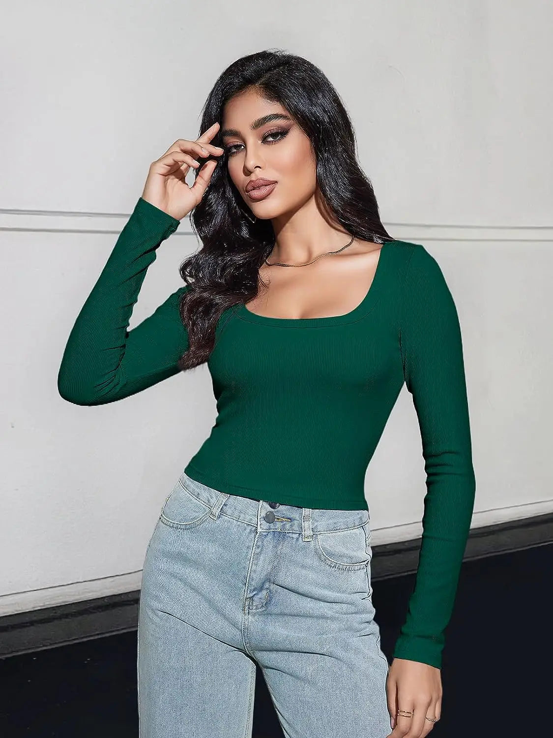 Women's Long Sleeve Square Neck Crop Top Ribbed Slim Fitted Y2K Casual T-Shirt Tops - reetell