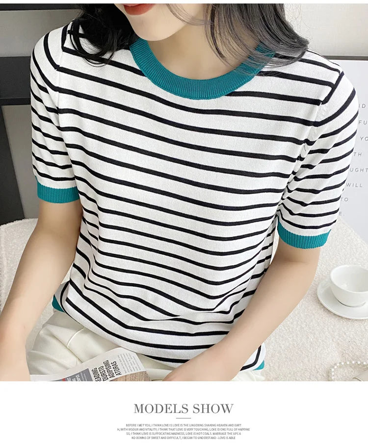 Short Sleeve T-shirts Women Striped Basic Chic Simple All-match Harajuku Retro Cotton O-neck Trendy Loose Leisure Cozy Womens - reetell