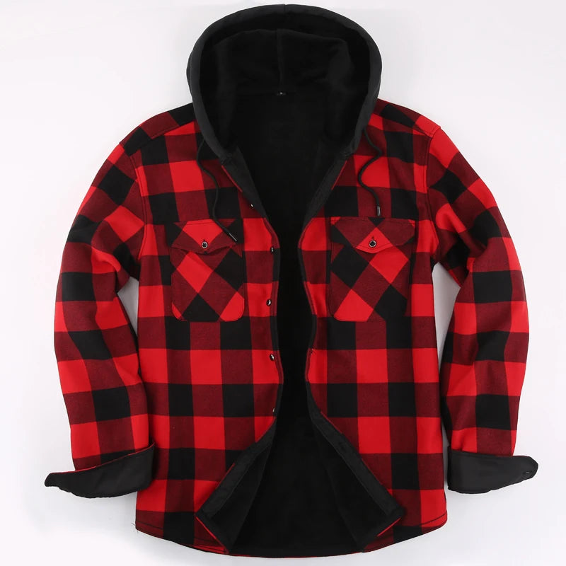 Mens Green Hooded Plaid Winter Shirt Jacket Casual Fleece Linend Warm Shirt Long Sleeve Western Cowboy Flannel Checkered Chemise