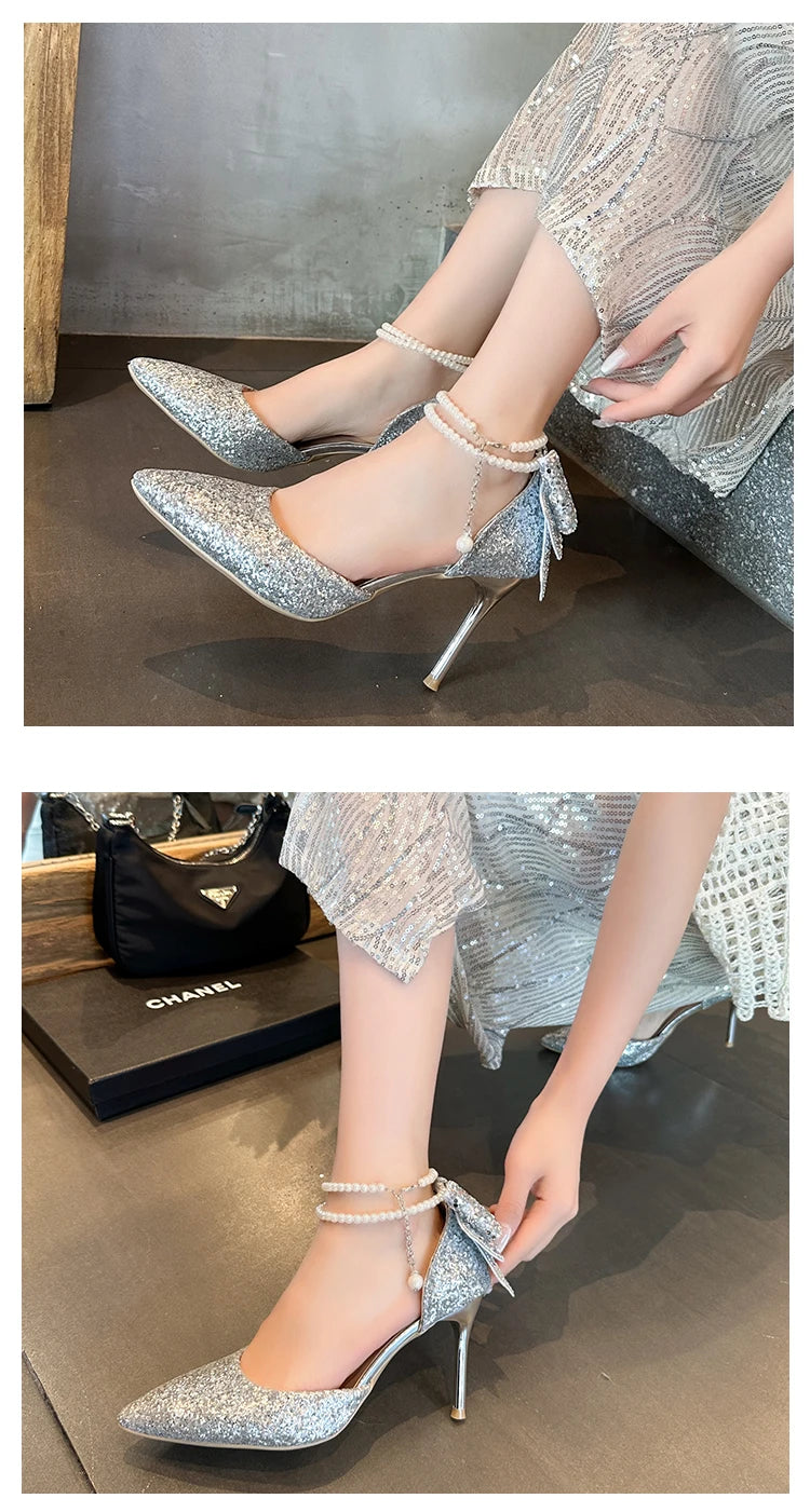 French new pointy shallow mouth temperament elegant sequin bow high heels women's fine heel pearl line with a single shoe