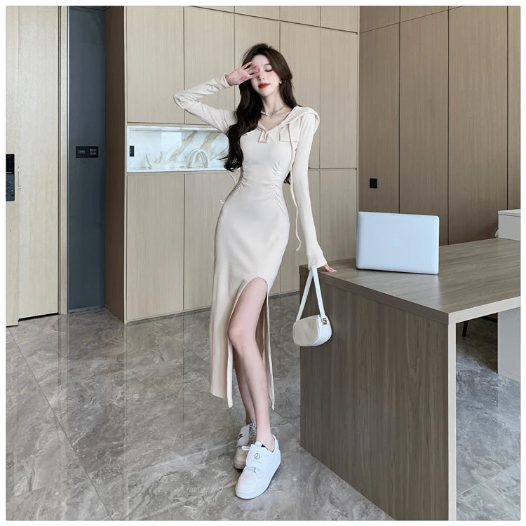 Autumn Fashion Solid Hooded Party Dresses for Women Elegant Birthday Evening Dress Female Sweatshirt Slit Midi Vestidos Mujer - reetell