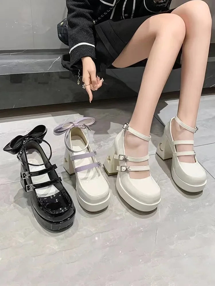 Spring Punk  Chunky Platform High Heels Pumps Women Thick Heel Mary Jane Lolita Shoes Woman Patent Leather Cosplay Shoes