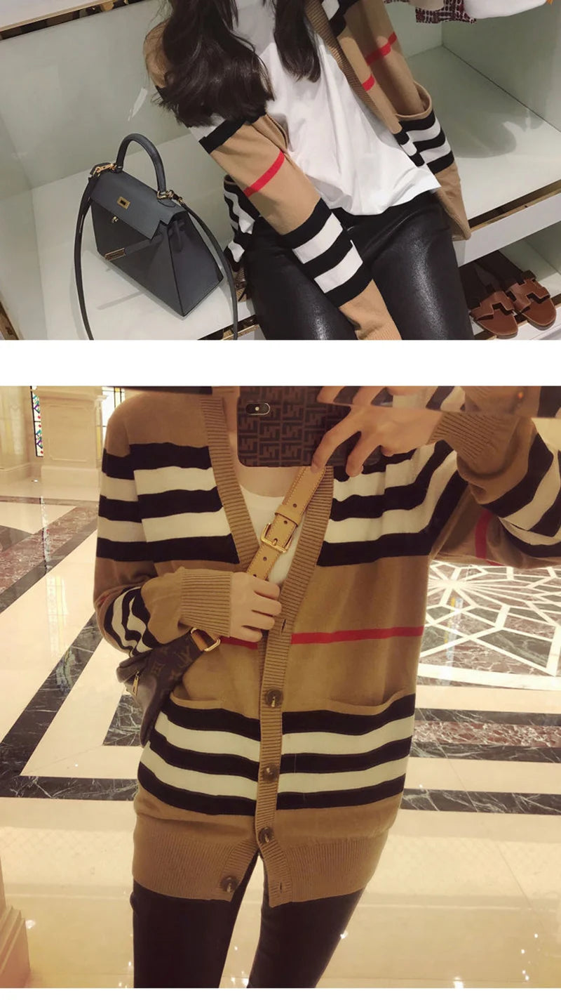 Women Striped Knitted Cardigan Fall Winter Loose Korean Sweater Casual Fashion Office Lady V Neck Single Breasted Design Top - reetell