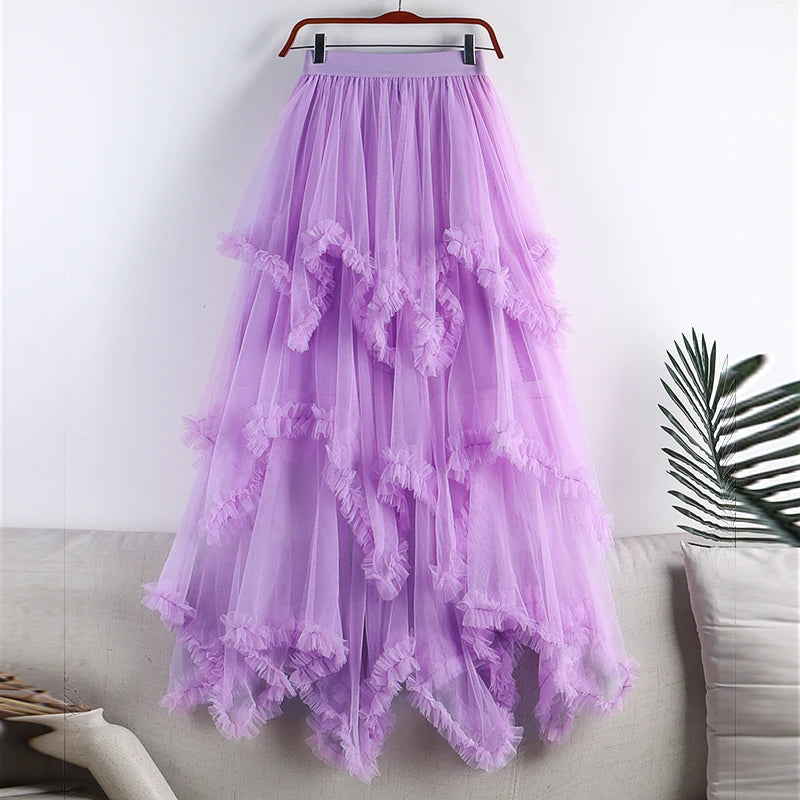 TIGENA Tutu Tulle Long Skirt for Women 2023 New Summer Korean Aesthetic Cute Irregular Mesh High Waist Maxi Skirt Female Purple - reetell