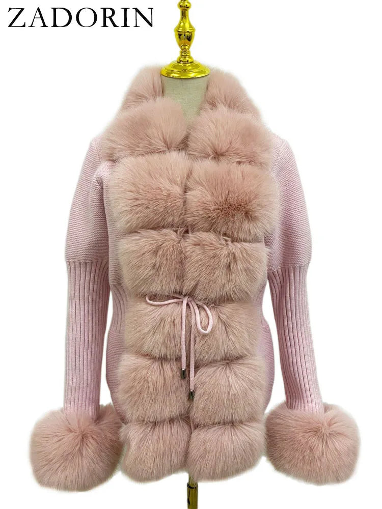 ZADORIN Luxury Fur Cardigan Knit Winter Sweater Women Elegant Detachable Fur Belt White Pink Black Womens Cardigan Korea Style - reetell