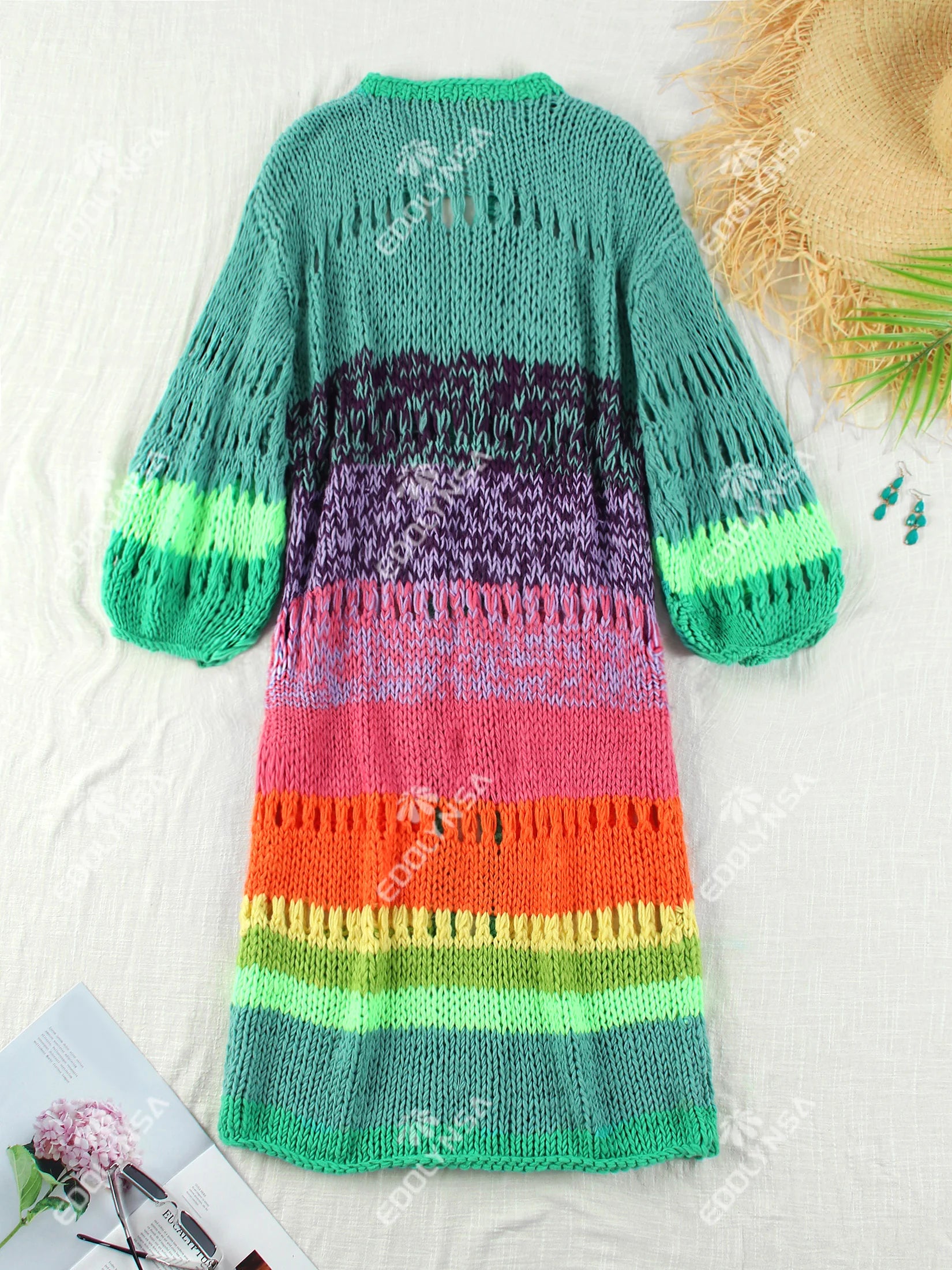 Boho Multicolor Crochet Cut Out Bell Sleeve Cardigan 2024 Autumn Winter Knitted Dress Women's Long Cardigan Sweater Jacket K12 - reetell