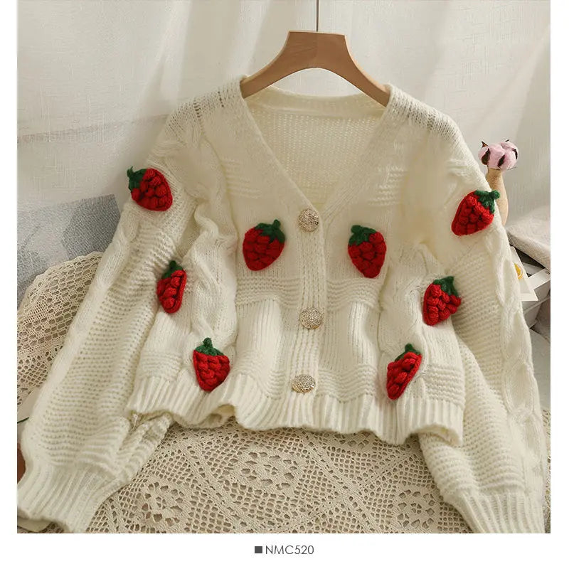 Strawberry Spliced Cardigan Women Knitting All-match Stylish Кардиган Женский Long Sleeve Sweaters Ropa Mujer Elegant Ulzzang - reetell