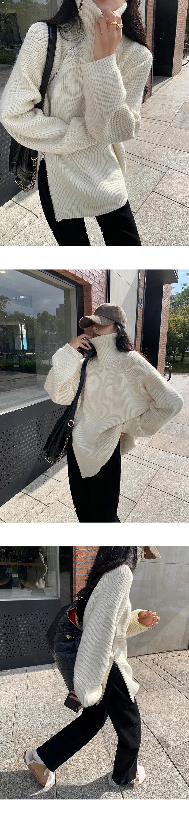 2023 Winter Women's Turtleneck Zipper Oversize Fashion Sweaters Autumn New Knitwears Loose Thick Warm High Neck Solid Pullovers - reetell