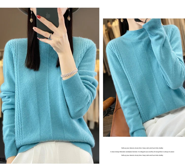 2024 Autumn Winter Women 100% Merino Wool Sweater Striped O-Neck Pullover Knitwear Casual Undershirt Cashmere Clothing Tops - reetell