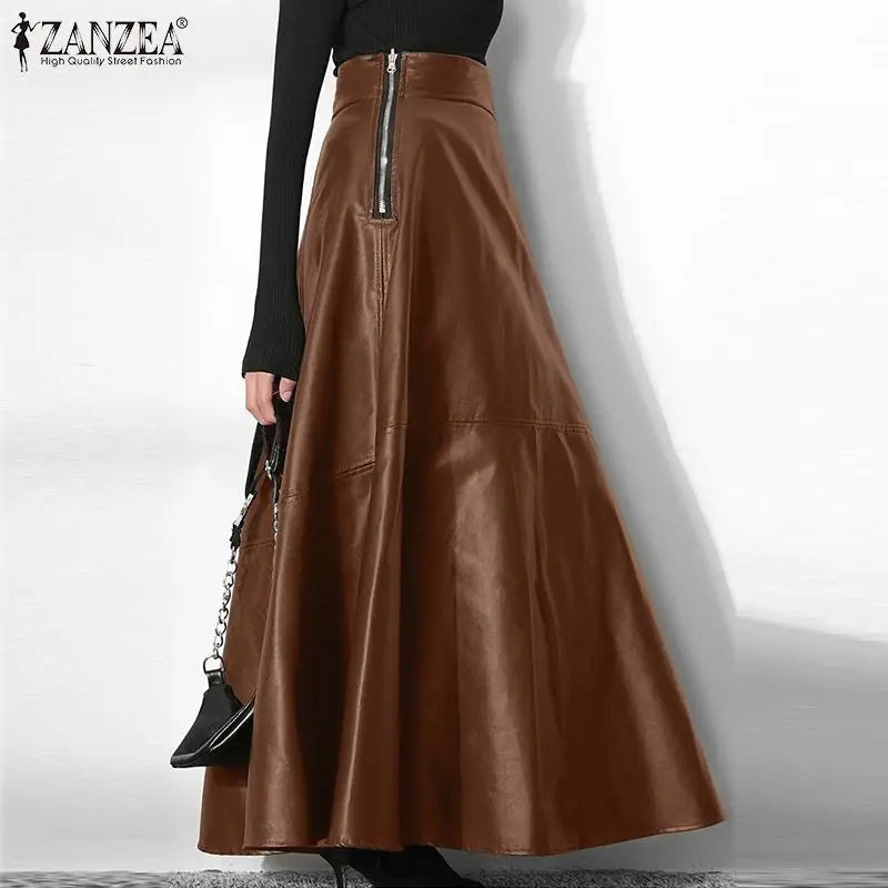 2023 Fashion Solid Mujer Faldas ZANZEA PU Leather Maxi Skirts Women's Elegant OL Long Saias Casual High Waist Zipper Jupe Femme - reetell