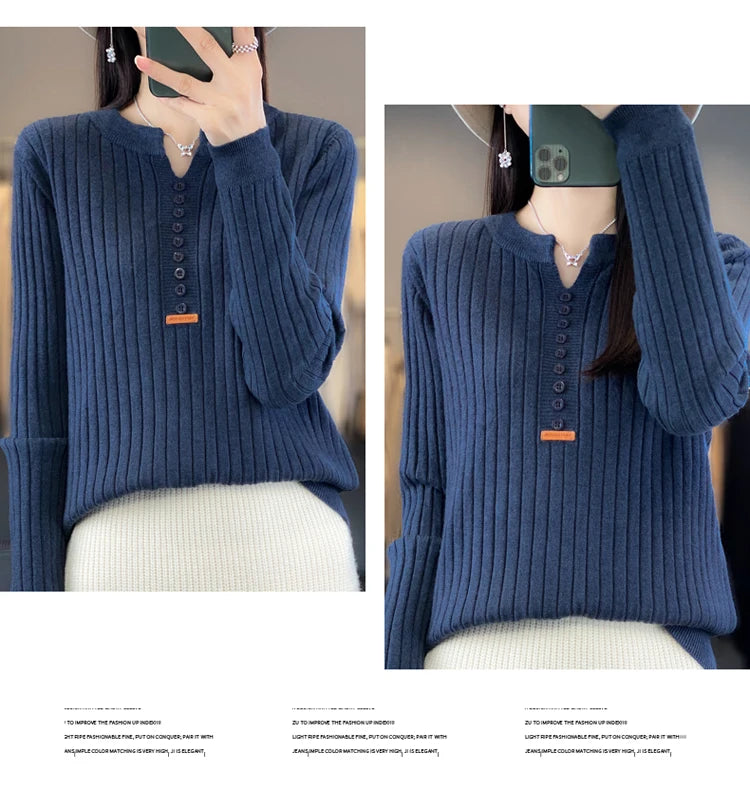 Women's Sweater Autumn/Winter New Solid Color Knitwear V-Neck Pullover Ladies Clothes Fashion Blouse Korean Style Loose Tops - reetell