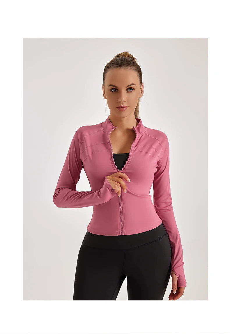 High Elasticity Long Sleeve Quick Dry Soft Fabric Anti-piling Sun-proof Yoga Coat Women Zipper Fitness Black White Yoga Jacket