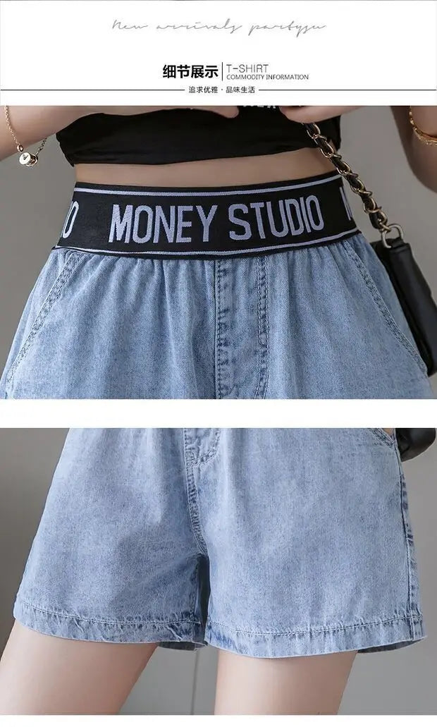 2023 New Elastic Waist Denim Shorts Women's Summer High Waist New Versatile Casual Loose Simple Academy Style - reetell