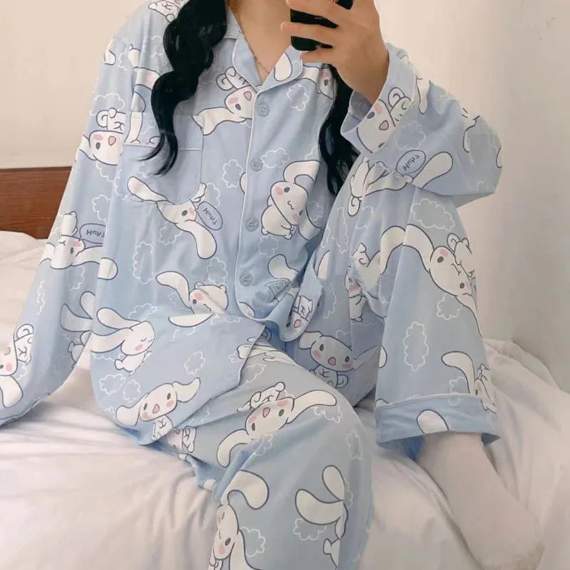 Sanrio Cinnamoroll Cartoon Women's Pajama Y2k Cute Fashion Sleepwear Set Woman 2 Piece Long Sleeve Home Suit For Female 2023 New