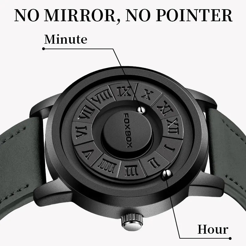 FOXBOX Mens Watches Creative Scrolling Pointer Magnetic Force Quartz Wristwatch Genuine Leather Watch Man Relogio Masculino+Box