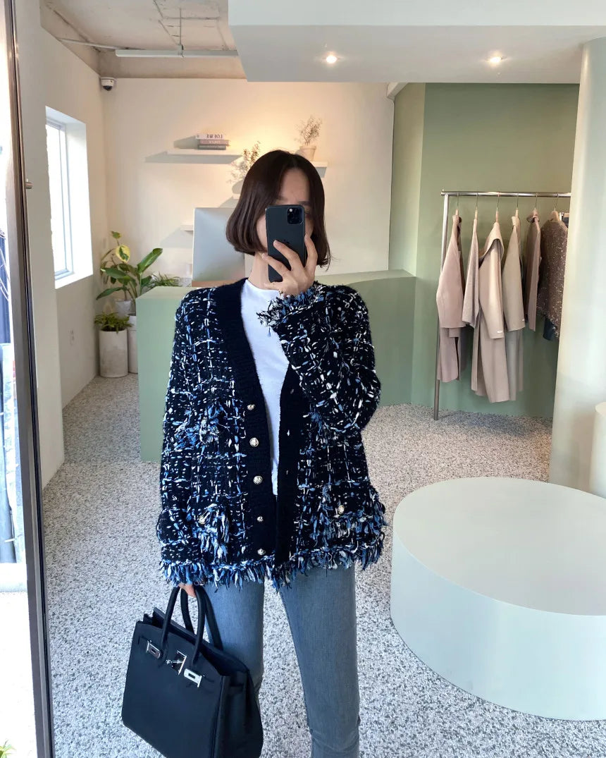 Korea Chic Autumn Winter V-Neck Tassel Wool Mixed Color Knitted Cardigan Coat Women's Loose Long Sleeve Sweater Knitwear 2023 - reetell