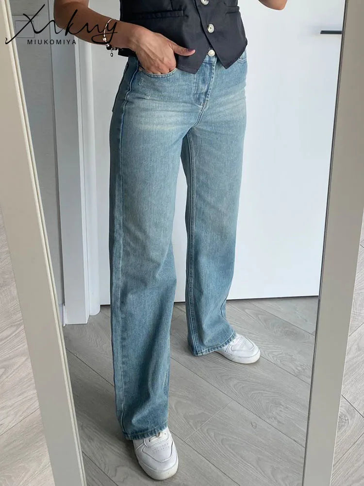 MiuKoMiYa Wide Leg Pink Jeans For Women High Waist Gray Full Denim Pants Straight Vintage Jean Women 2023 Fashion Denim Trousers - reetell