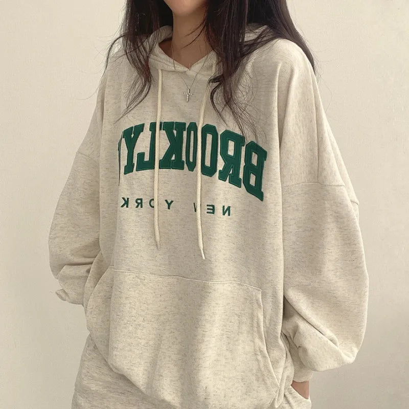 BROOKLYN Letter Print Hoodies Women Retro Chic Long Sleeve Loose Pullovers 2023 Harajuku Casual Hooded Sweatshirt Y2K Streetwear - reetell