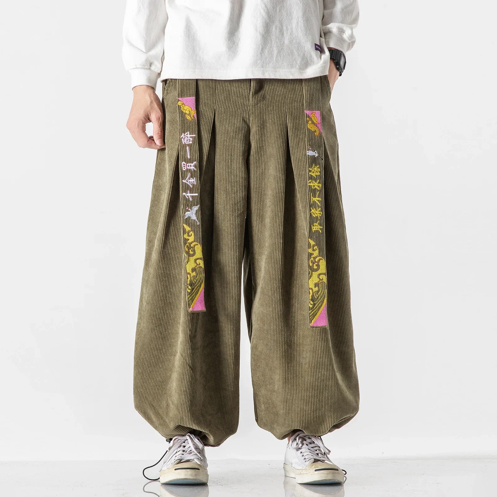 Chinoiserie Belt Men Pants Fashion Loose Harajuku Sports trousers Hip Hop Jogging Pants Corduroy Casual Couple Harem Pants M-5XL