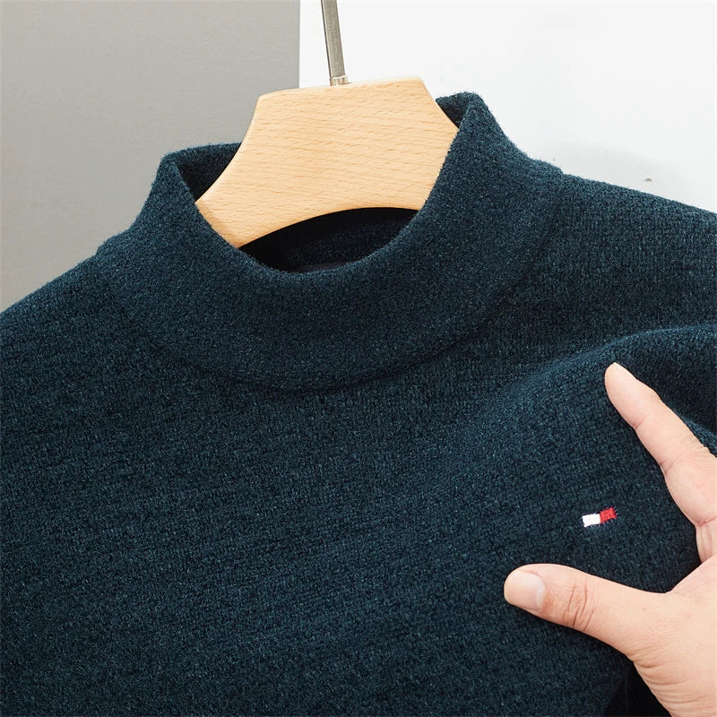 New Brand Men's Knitted Sweater Winter Mock Neck Warm Casual Solid Color Embroidered Pullover Korean Fashion Casual Men Clothing - reetell