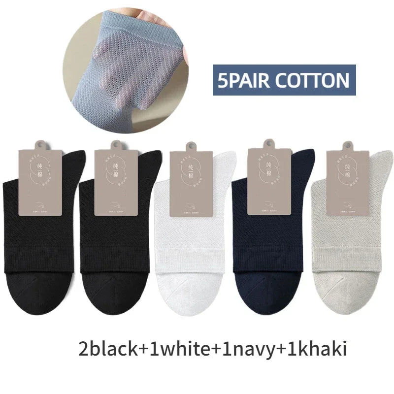 5 Pairs Men High Quality 96% Pure Cotton Socks Antibiosis Business Deodorant Sock Mesh Breathable Male Solid Color Casual Summer