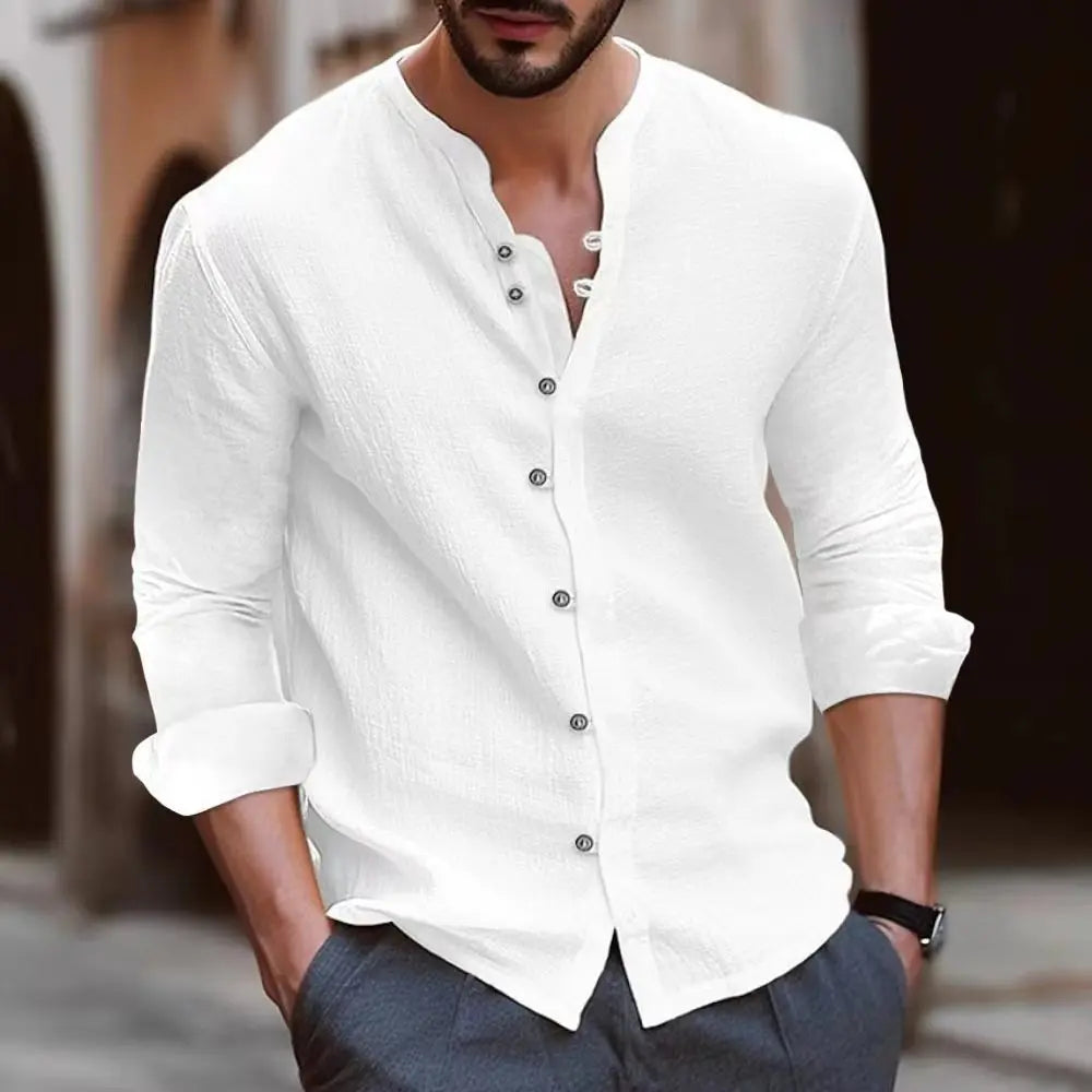 Hot new men's cotton linen shirt loose comfortable casual linen young men stand collar solid color shirt