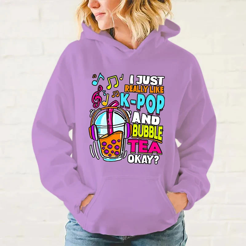 New I Just Really Like K-Pop And Bubble Tea Okay Print Hoodie Sweathshirts Men Women Hooded Pullover Unisex Long Sleeve Hoodie - reetell