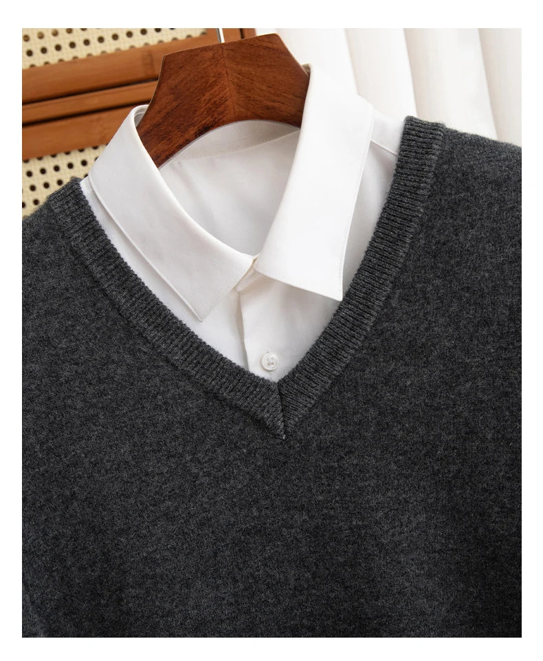 Men 100% Merino Wool Sweater V-Neck Pullover Autumn Winter Cashmere Warm Solid Knitwear Clothes Business Bottoming Soft Tops - reetell