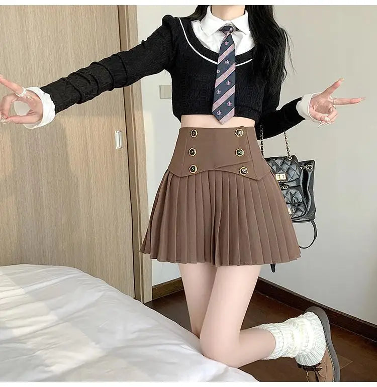 Pleated Skirt New Spring Autumn All-match Buttons Solid Color High Waist A-line Skirt Femme Preppy Style Pleated Trend Skirts - reetell