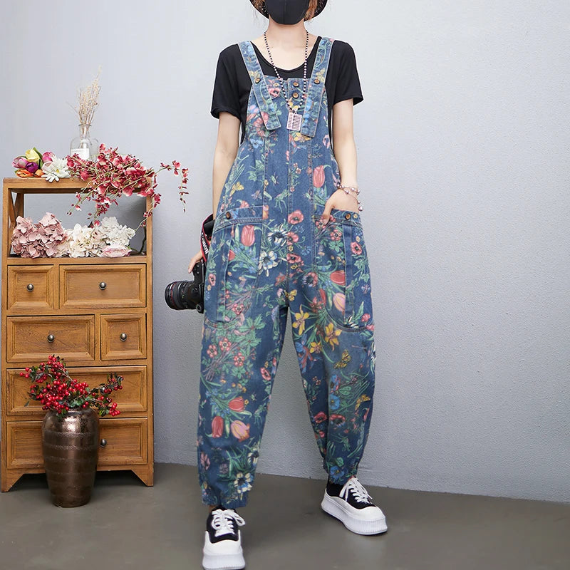 Fashion Streetwear Print Floral Denim Jumpsuit Women Casual Loose Wide Leg Pants Rompers Big Size Pockets Straps Jeans Overalls