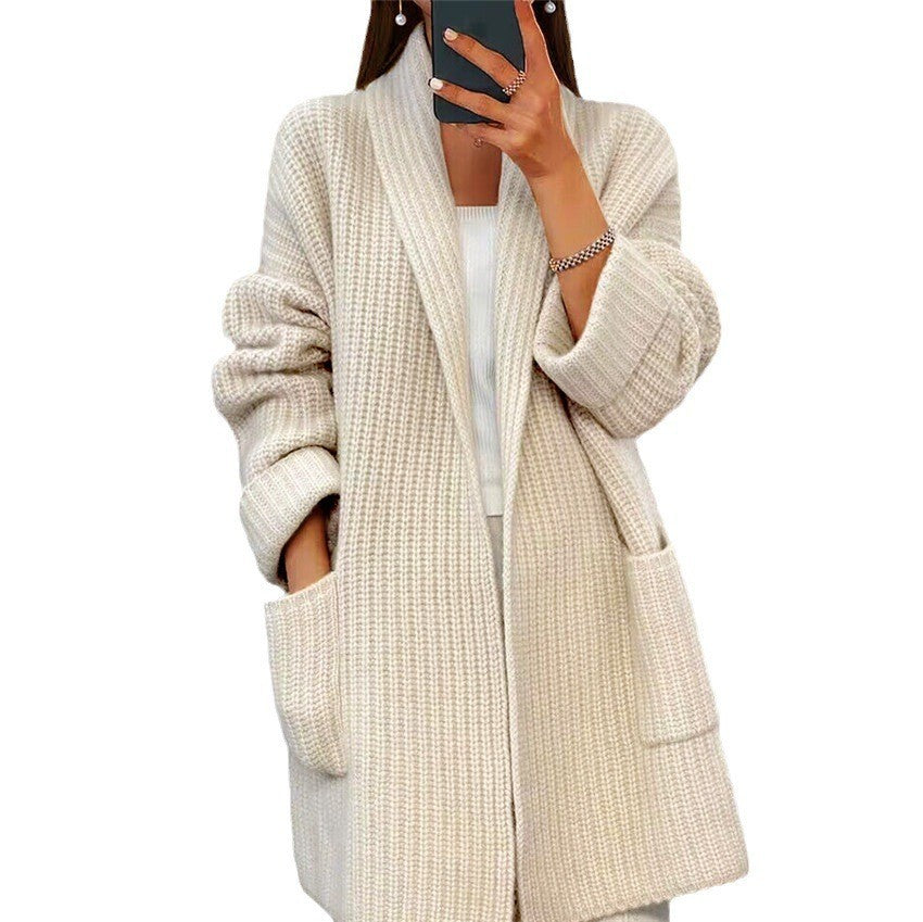 Women's Pocket Design Knitted Sweater Cardigan Autumn Winter Female Clothes Solid V-Neck Casual Long Sleeve Loose Daily Coat - reetell