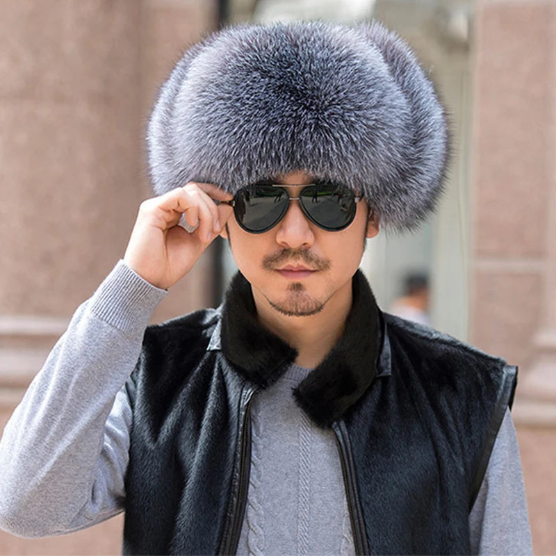 Winter Men's 100% Real Silver Fox Fur Bomber Hat Raccoon Fur Ushanka Cap Trapper Russian Man Ski Hats Caps Real Leather