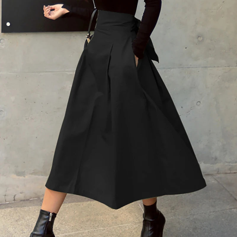 Skirts Womens Korean Fashion Solid Color Big Swing Ladies Skirt Long Skirt 2022 Autumn Wild High Waist Bow Slim Skirts - reetell