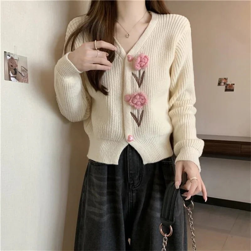 Heavy Industry Beautiful Flowers Knitted Cardigan Sweater Women Slim In Autumn And Winter With Small Cardigan V-neck Short Coat - reetell