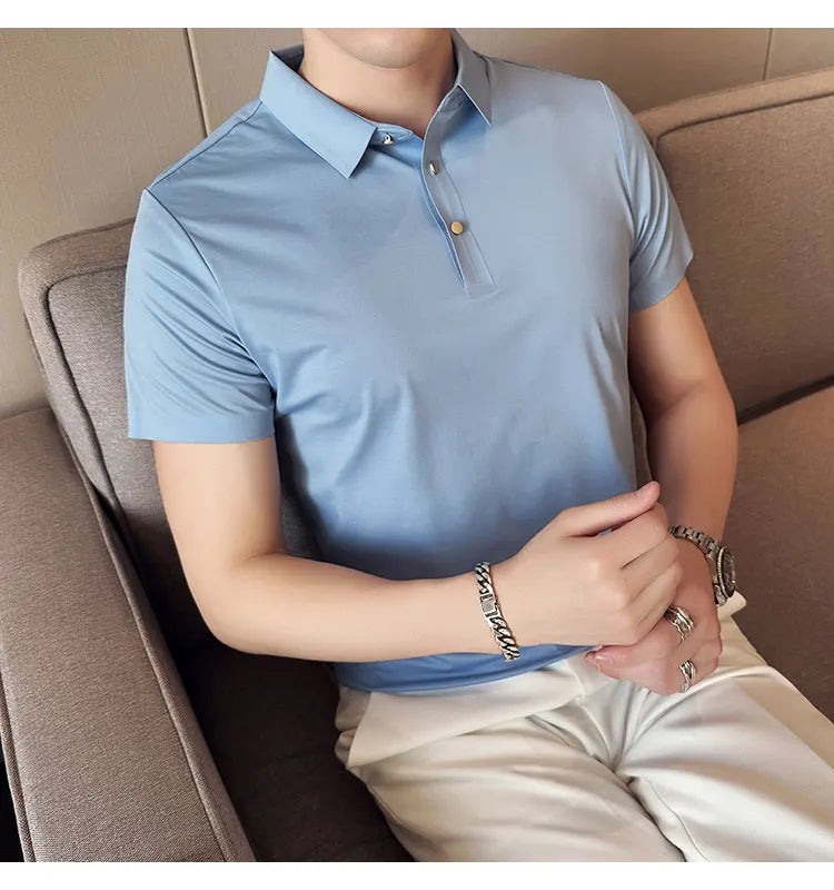 Ice Silk Traceless T-shirt Men's  Business Casual Solid Color Half Sleeve High Elasticity Top Silk Smooth Breathable POLO Shirt