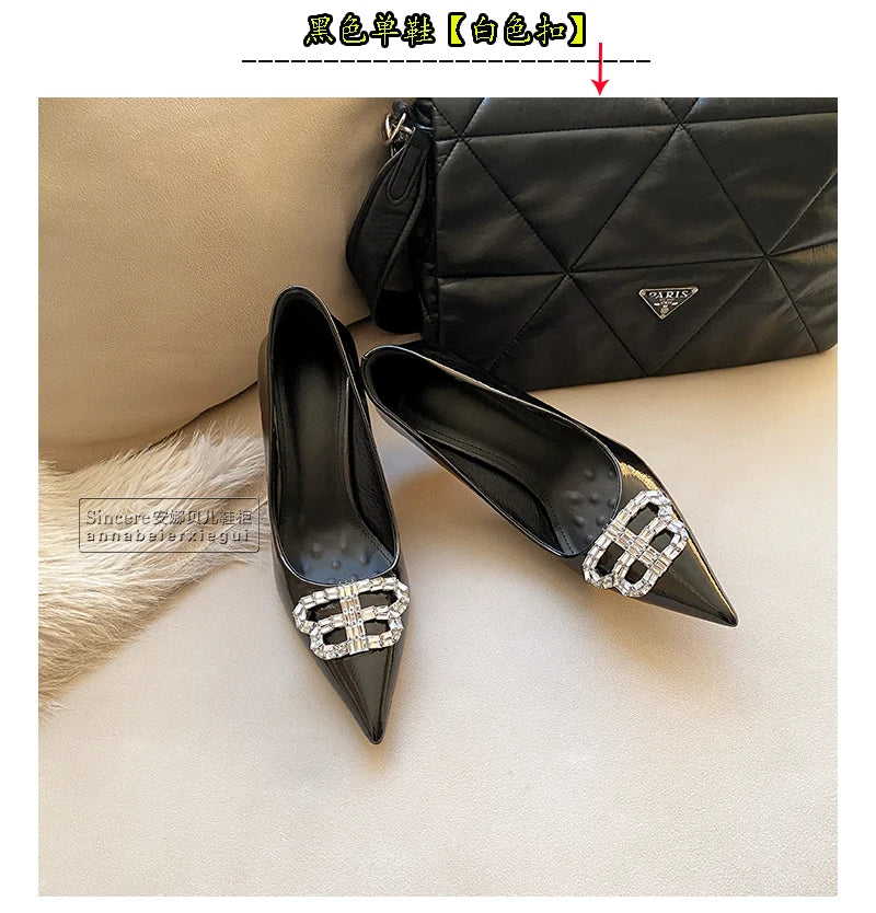 2024 New Pointed Black High Heels, Women's Thin Heels, Water Diamonds, One Line with Baotou Sandals and Button Single Shoes - reetell