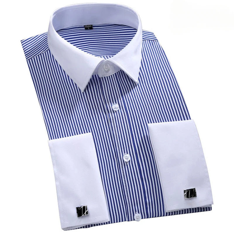 M~6XL Men's French Cuff Dress Shirt 2024New White Long Sleeve Formal Business Buttons Male Shirts Regular Fit Cufflinks Shirt - reetell