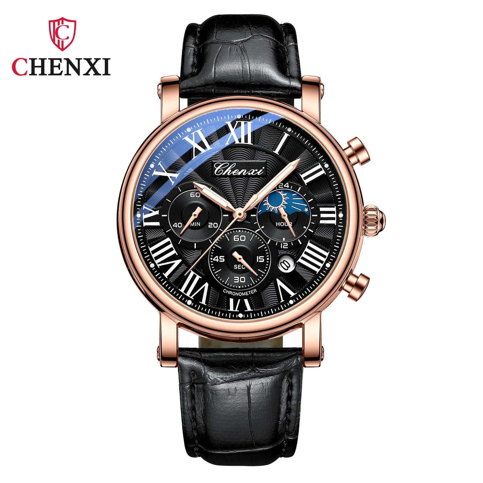 CHENXI 973 Multi-function Business Moon Phase Date Waterproof Rome Analog Imported Men Wristwatch Dial Quartz Leather Watches