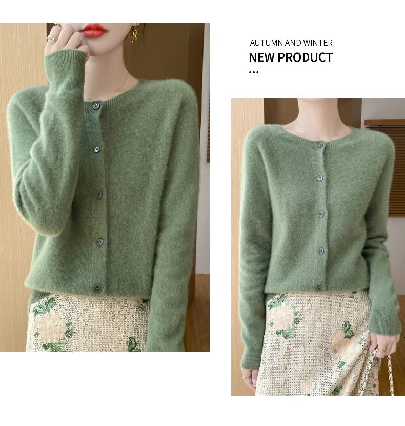 100% Merino Wool Long Sleeve Sweaters Cashmere Cardigan Spring Autumn Women O-Neck Knitwear Tops Clothing Fashion Basic Tops - reetell