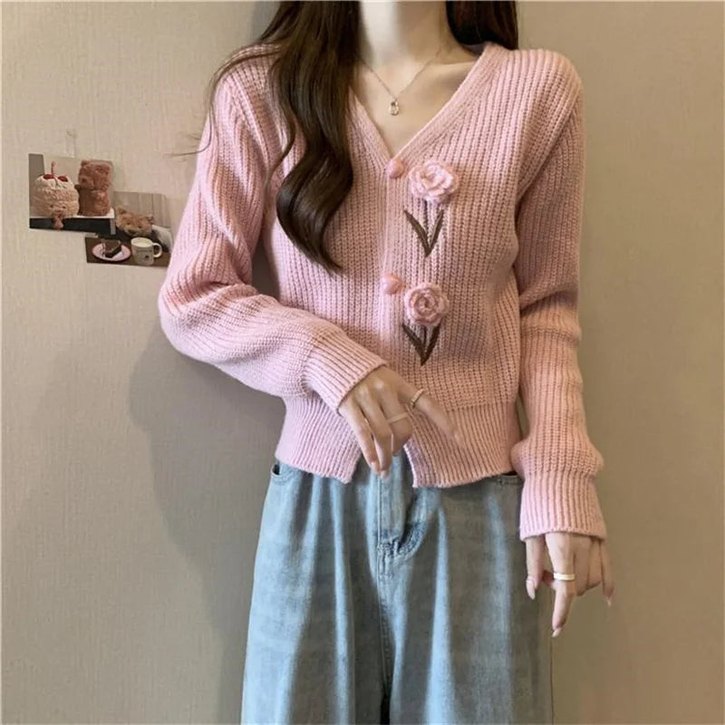 Heavy Industry Beautiful Flowers Knitted Cardigan Sweater Women Slim In Autumn And Winter With Small Cardigan V-neck Short Coat - reetell