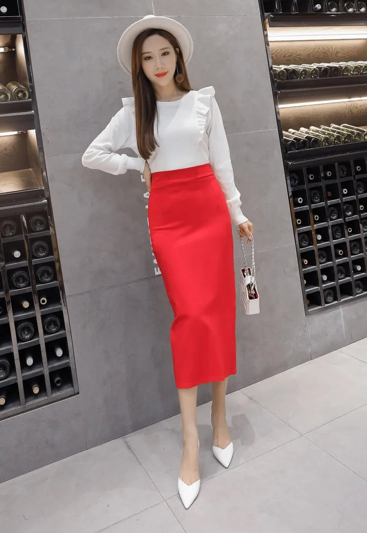 Stretch Pencil Skirts for Women, Office Lady, Formal Black Midi Skirts, Elegant Female Package Hip Skirts, Spring and Autumn - reetell