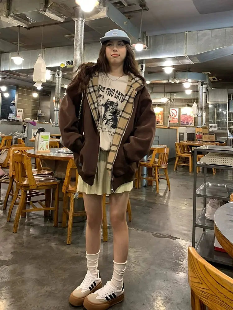 Women Vintage Zip Print Hoodies Harajuku Casual Oversized Splicing Plaid Loose Sweatshirt Medium Length Popular Cardigan Jacket - reetell