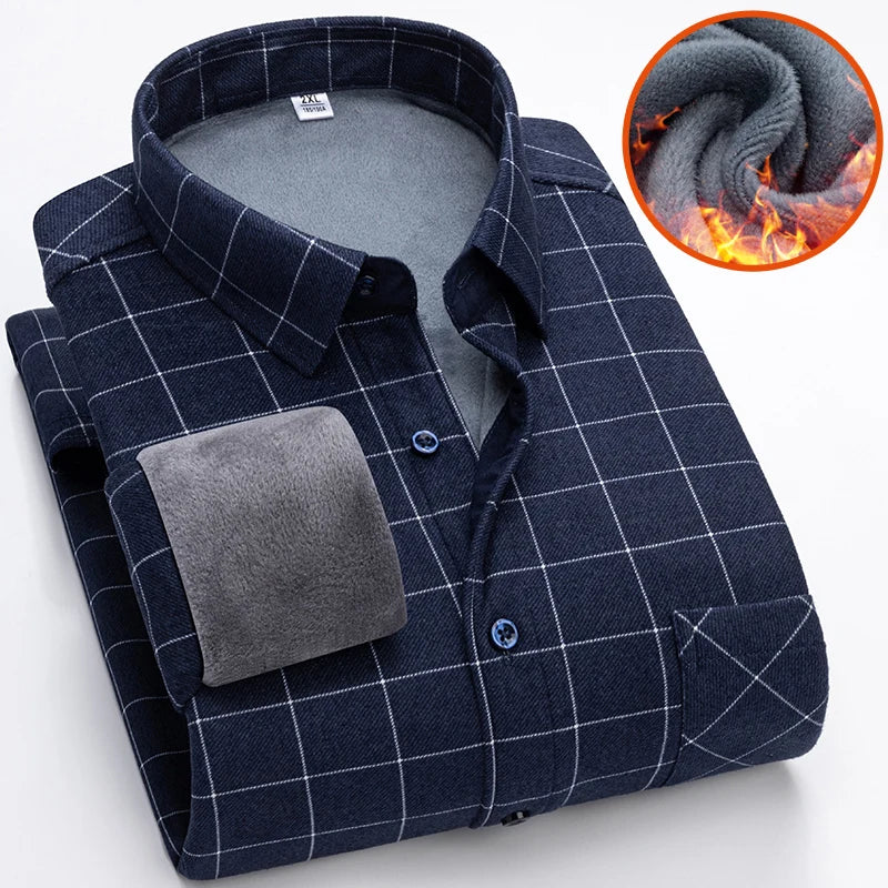 Autumn Winter Thicken Fleece Shirt Men Business Plaid Shirt Long Sleeve Warm Clothes Turn Down Collar Button Up Shirts Classic - reetell