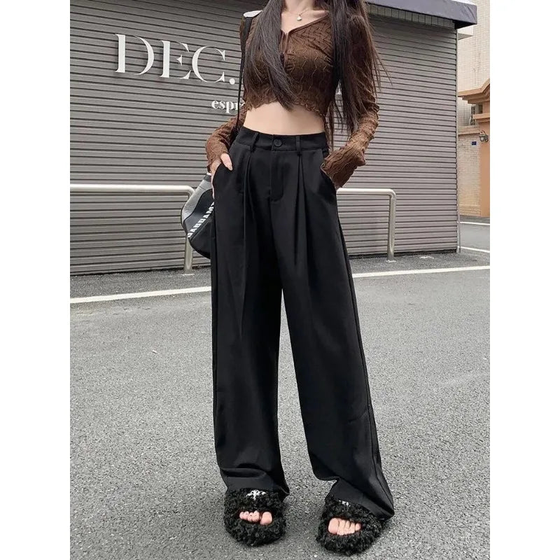 QWEEK Elegant Baggy Gray Suits Pants Woman Oversized Office Ladies Casual Korean Fashion Classical Trousers High Waist Summer - reetell