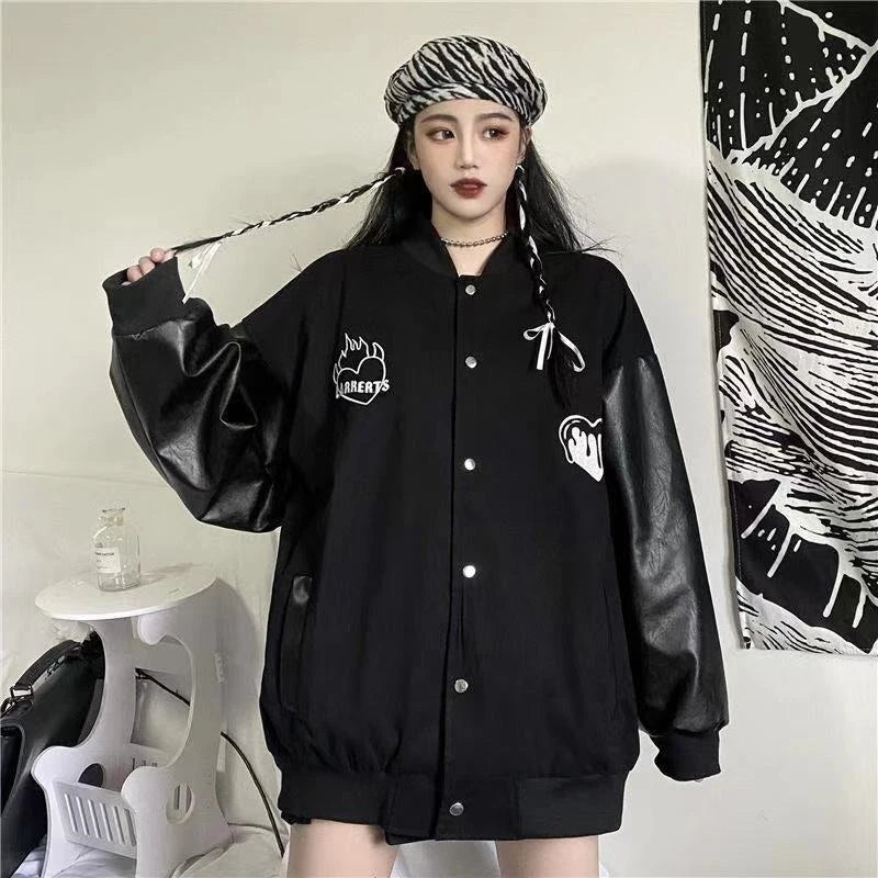 MEXZT Harajuku Black Coat Women Patchwork Bomber Jackets Bf Streetwear Korean Leather Print Oversized Casual Baseball Jacket