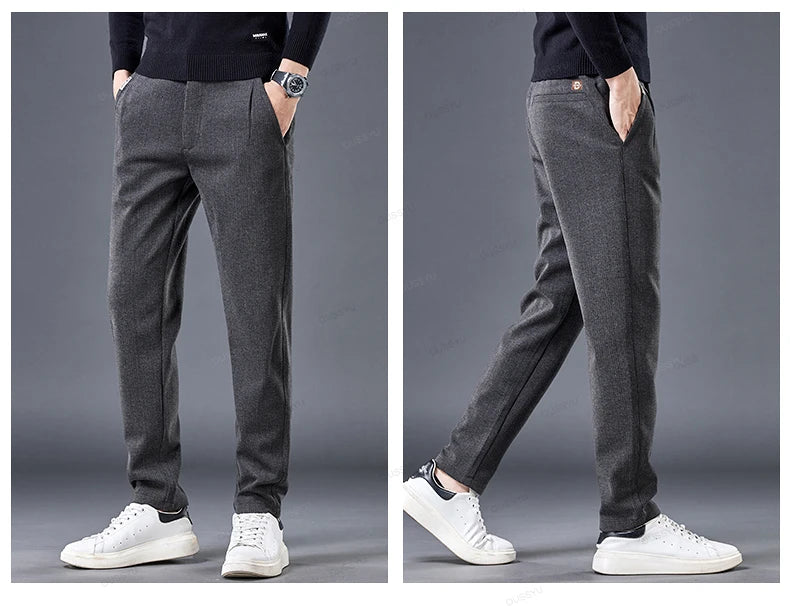 High Quality Autumn Winter Stripe Men's Suit Pants Elastic Waist Business Grey Stretch Thick Korea Office Formal Trousers Male - reetell