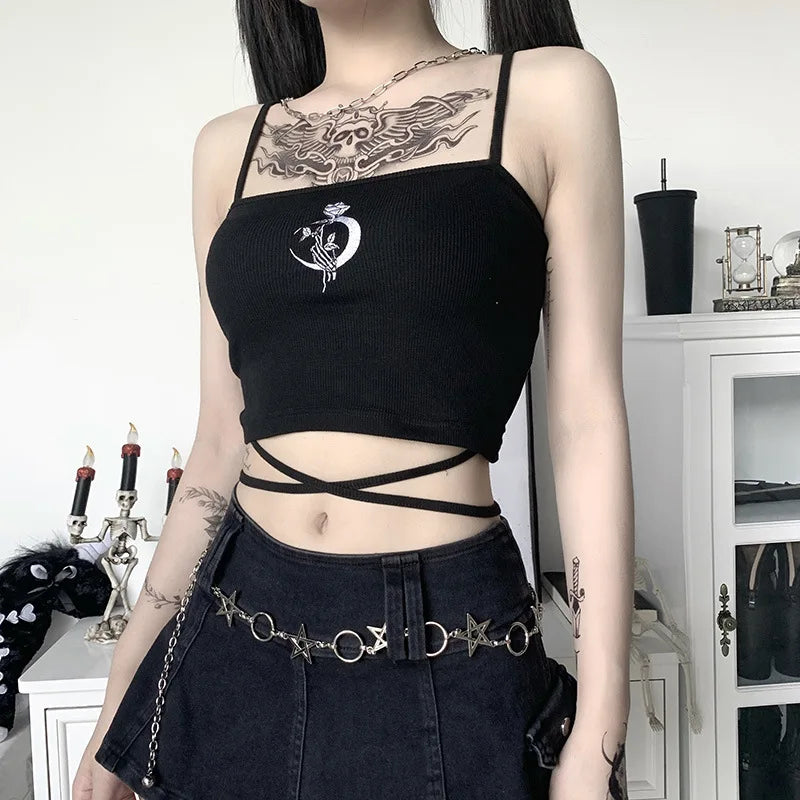 Gothic Women's Print Suspender Sleeveless Square Neck Slim Crop Top Sexy Halter Bottoming Shirt  Girls Party Wear - reetell